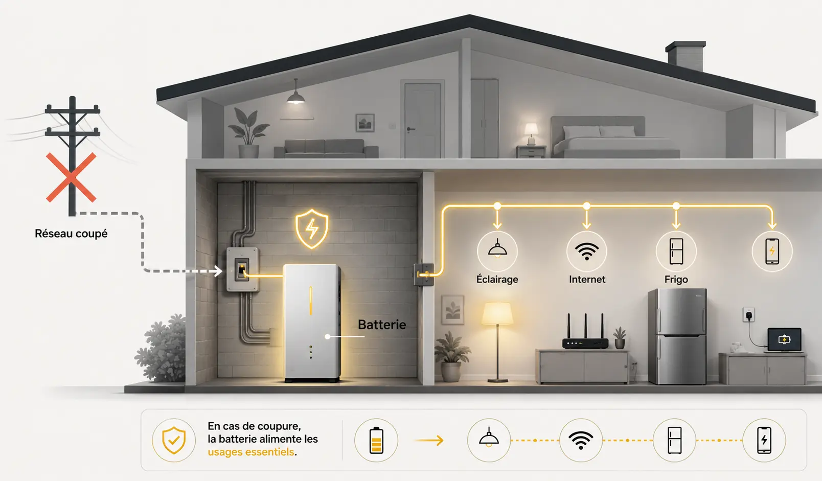 Schéma d’une batterie domestique alimentant les usages essentiels en cas de coupure de courant