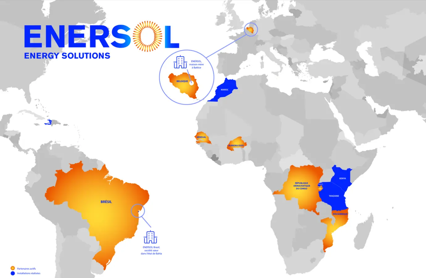 Carte des projets Enersol à l’international avec installations solaires réalisées et partenaires actifs